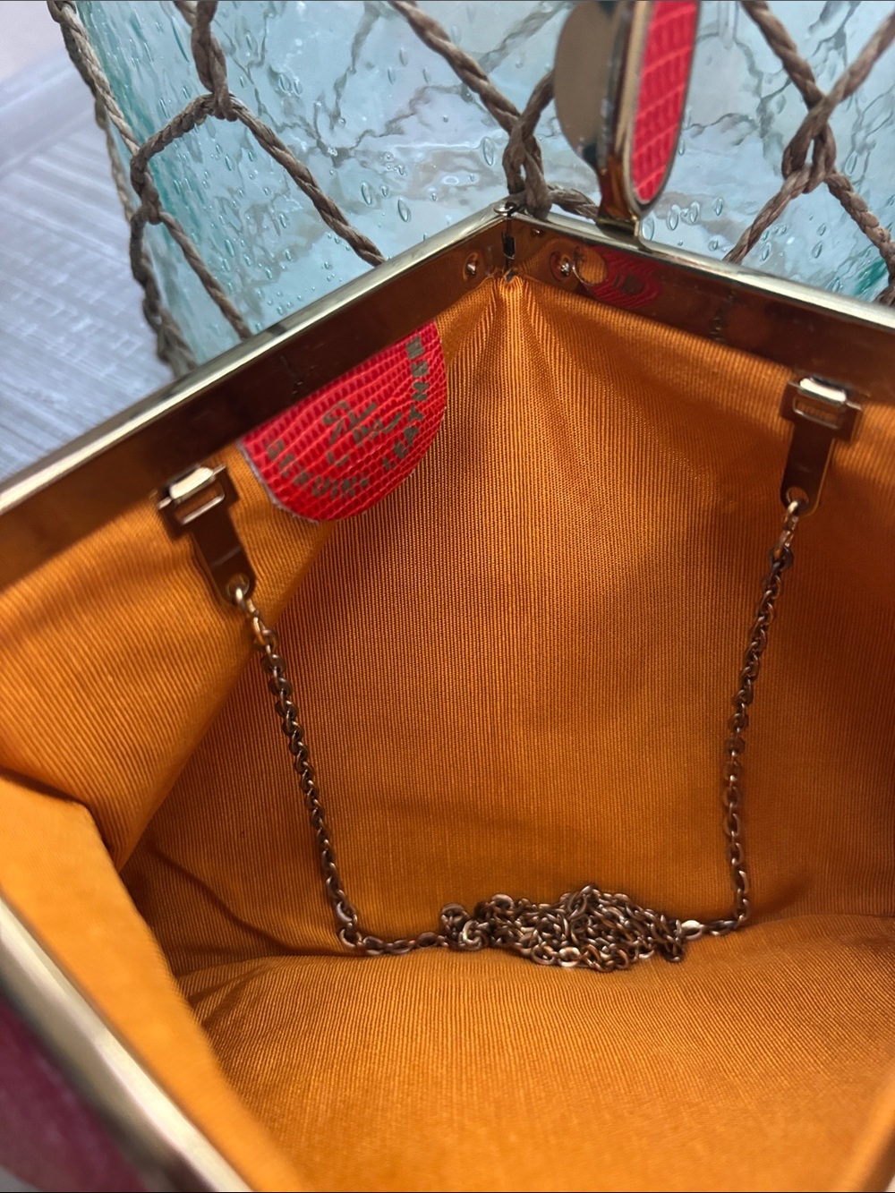 Vintage Red yellow snakeskin leather Women’s triangle chain Clutch Bag - Picture 3 of 4
